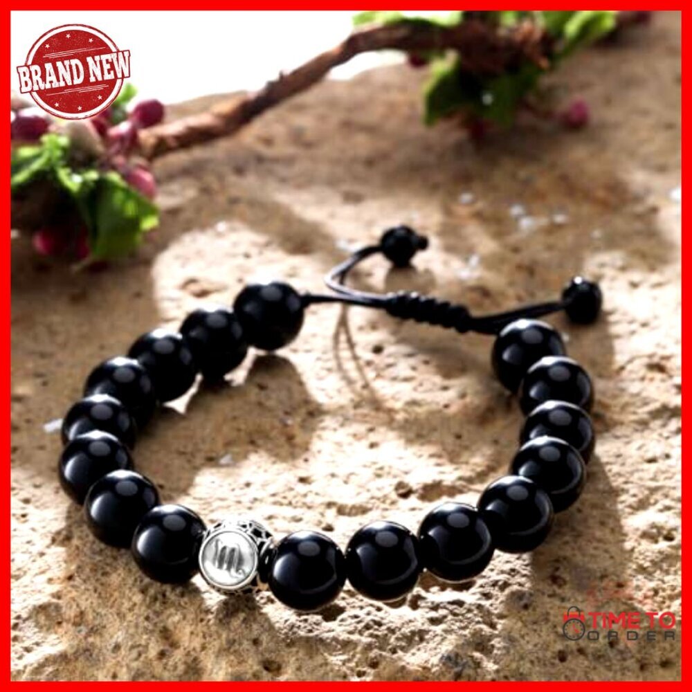 Adjustable Sterling Silver Obsidian Zodiac Bracelet Unisex Bangle - Picture 3 of 4